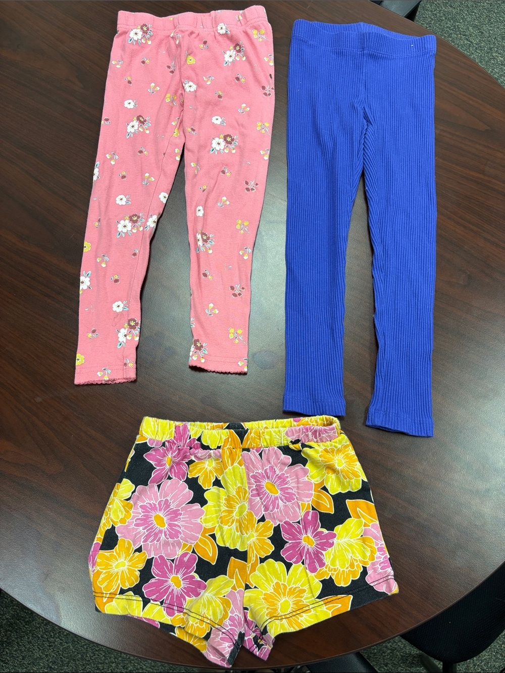 Girls Floral Pink Leggings, Blue Ribbed Leggings & Yellow Floral Shorts